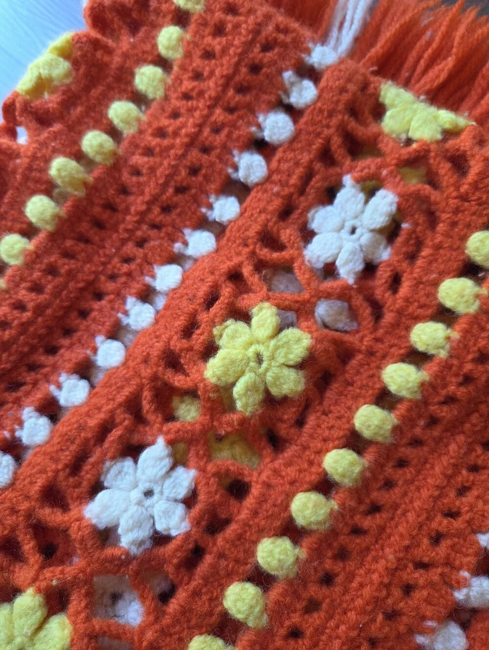 Vintage 70s Style Crochet Flower Pattern Orange Yellow Afghan Blanket w/Fringe
